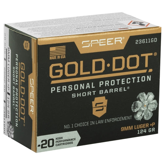 Speer Gold Dot Short Barrel 9mm Luger Ammo +P 124 Grain Jacketed Hollow Point