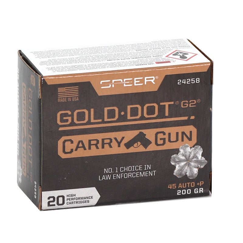 Speer Gold Dot G2 Carry Gun 45 ACP Auto Ammo 200 Grain +P Jacketed Hollow Point