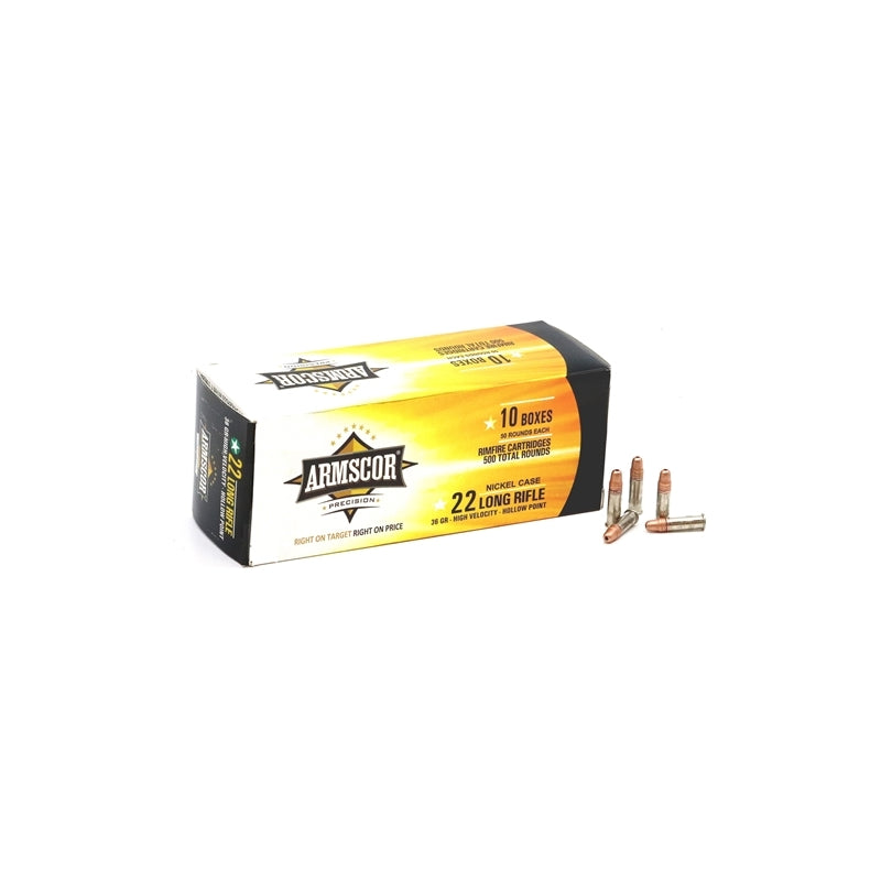 Armscor Precision 22 Long Rifle Ammo 36 Grain High Velocity Hollow Point Nickel Case