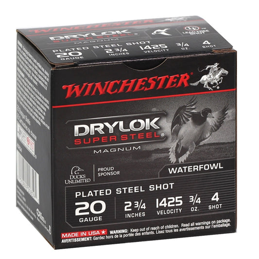 Winchester Drylok Super Steel 20 Gauge Ammo 2-3/4" 3/4 oz #4 Plated Steel Shot Case of 250