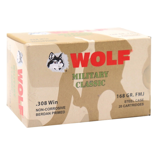 Wolf Military Classic 308 Winchester Ammo 168 Grain Bi-Metal FMJ Steel Case