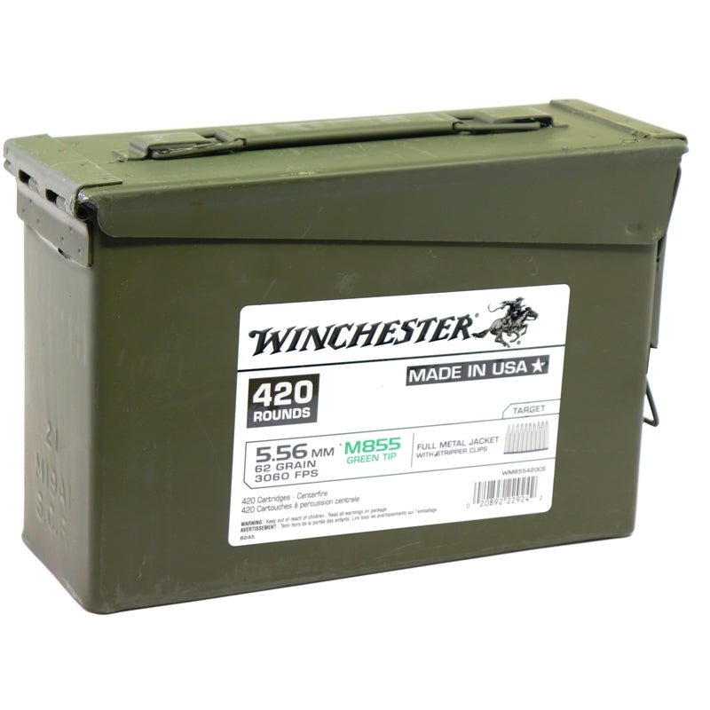 Winchester 5.56mm M855 NATO Ammo 62 Grain Green Tip FMJ 420 Round Ammo Can Stripper Clips