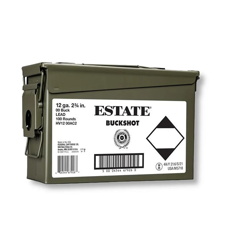 Estate 12 Gauge Ammo 2 3/4" 9 Pellets 00 Buckshot 9 Pellet 100 Rounds in Ammo Can