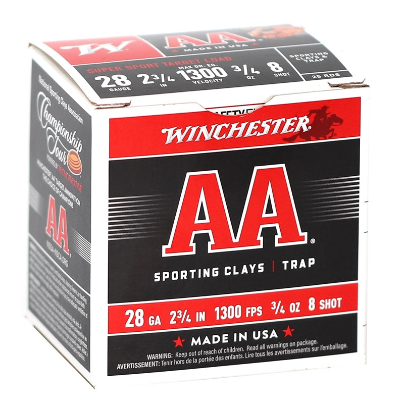 Winchester AA Sporting Clays 28 Gauge Ammo 2 3/4" 3/4oz. #8 Shot 250 Round Case