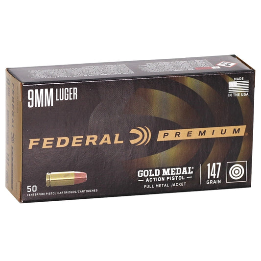 Federal Gold Medal 9mm Luger Ammo 147 Grain Full Metal Jacket