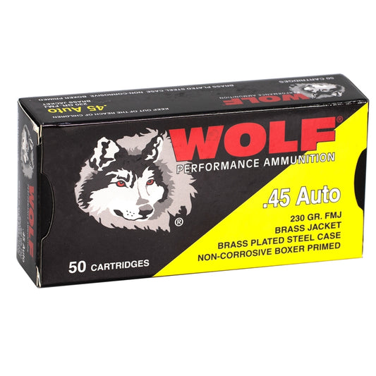 Wolf Performance 45 ACP AUTO Ammo 230 Grain FMJ Brass Plated Steel Case