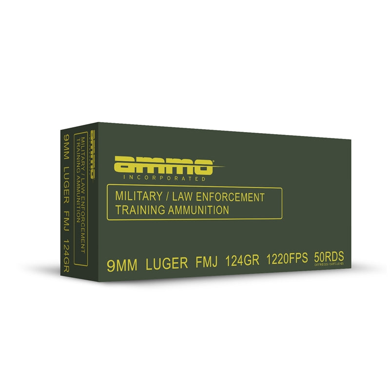 Ammo Inc Military / Law Enforcement Training 9mm Luger Ammunition 124 Grain Full Metal Jacket - 9124FMJ-MLE50