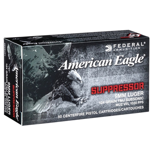 Federal American Eagle Suppressor 9mm Luger Ammo 124 Gr Subsonic Full Metal Jacket