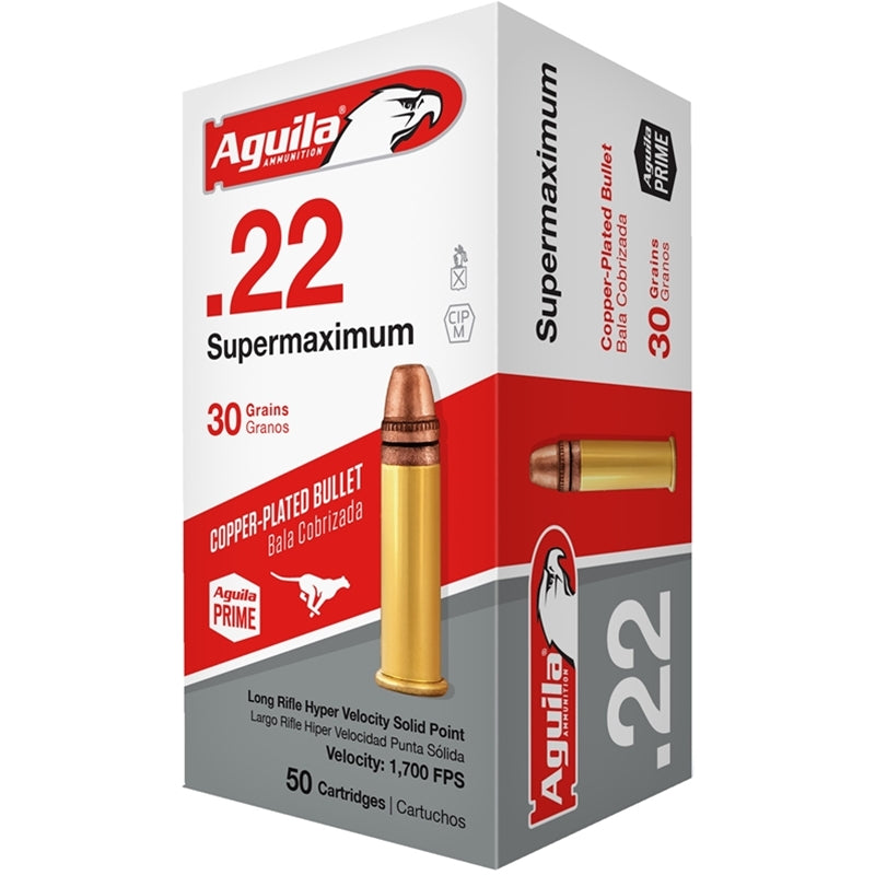 Aguila Super Maximum 22 Long Rifle Ammo Hyper Velocity 30 Grain Plated Lead Round Nose