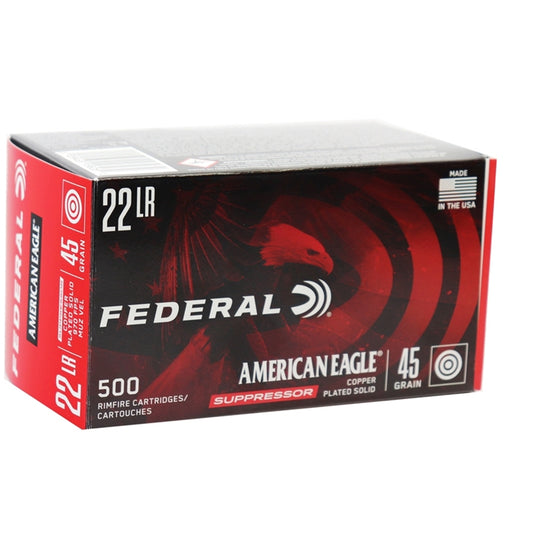 Federal American Eagle Suppressor 22 Long Rifle Ammo 45 Grain Copper Plated LRN 500 Rounds