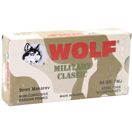 Wolf Military Classic 9x18mm Makarov Ammo 94 Grain FMJ Steel Case